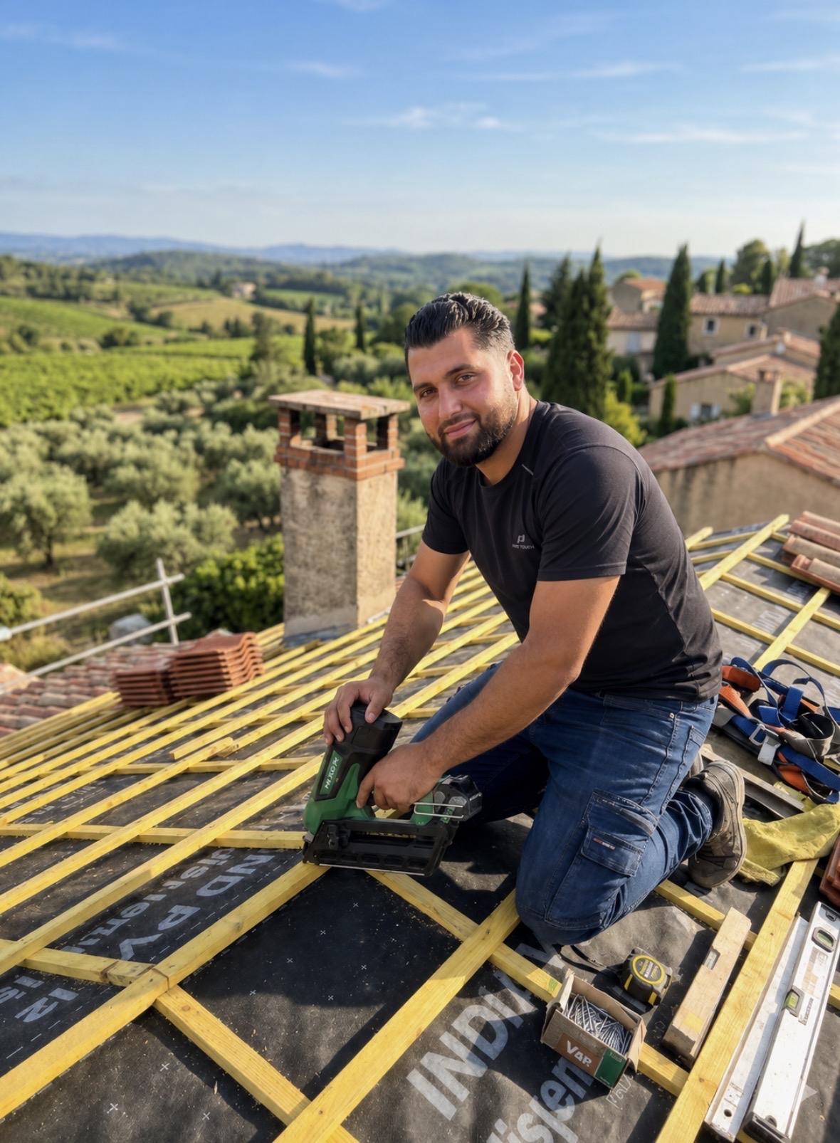 Stanley Paumard, artisan couvreur Les Toitures de la Côte d'Azur, sur un chantier dans le Var